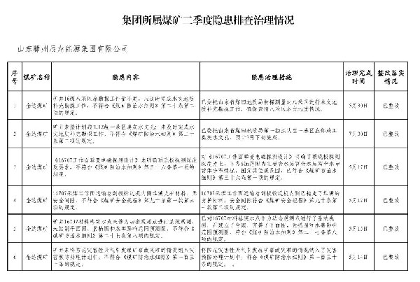二季度辰龙集团所属煤矿隐患排查治理情况